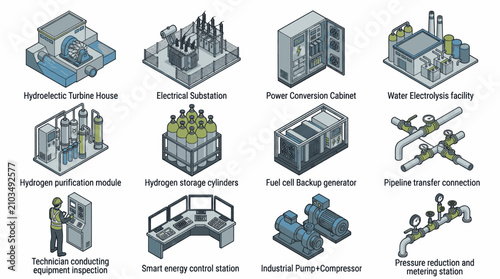 Canvastavla Collection of isometric icons representing various energy production and distribution components