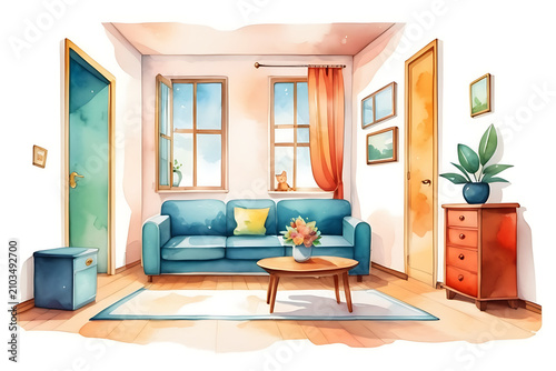 Cozy Living Room Interior Featuring A Comfortable Blue Sofa And Bright Sunlight In A Watercolor Illustration Style