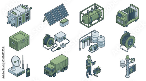 Collection of isometric military equipment and technology, including vehicles, communication devices, and power sources.