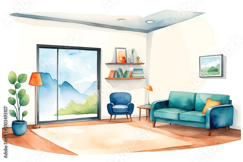 Cozy Watercolor Living Room Interior with Blue Furniture and Scenic Mountain View through Glass Door