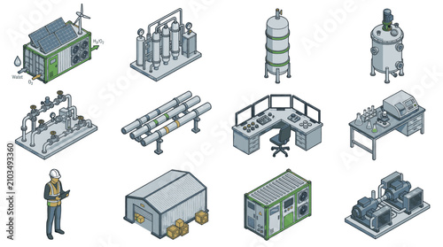 Set of isometric industrial equipment and facilities, including tanks, pipes, control panels, and a worker.
