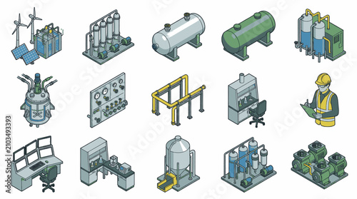 Industrial isometric icons representing various elements of manufacturing and production processes.