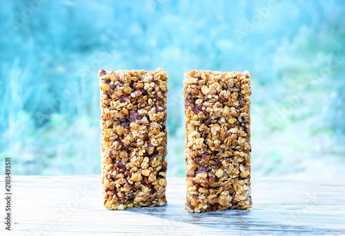 Two healthy granola bars st...