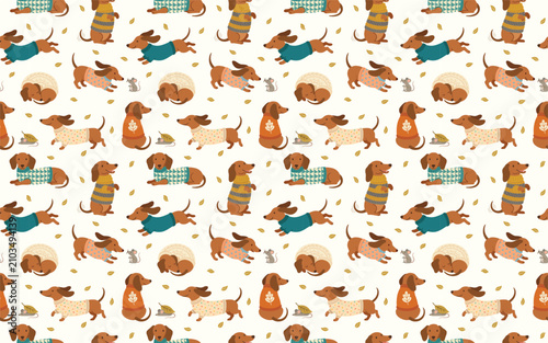 Seamless pattern with cute dachshund dogs wearing cozy sweaters and little mice, hand-drawn vector illustration on light background.