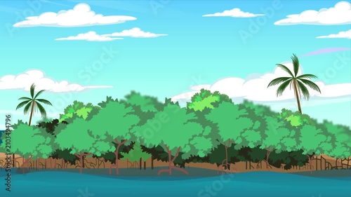 Lush Tropical Mangrove Forest Growing Along Coastal Shoreline with Calm Seawater Showcasing Natural Coastal Ecosystem and Biodiversity Animation.