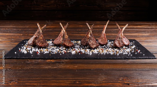 Gourmet Lamb Chops on Black Plate.
