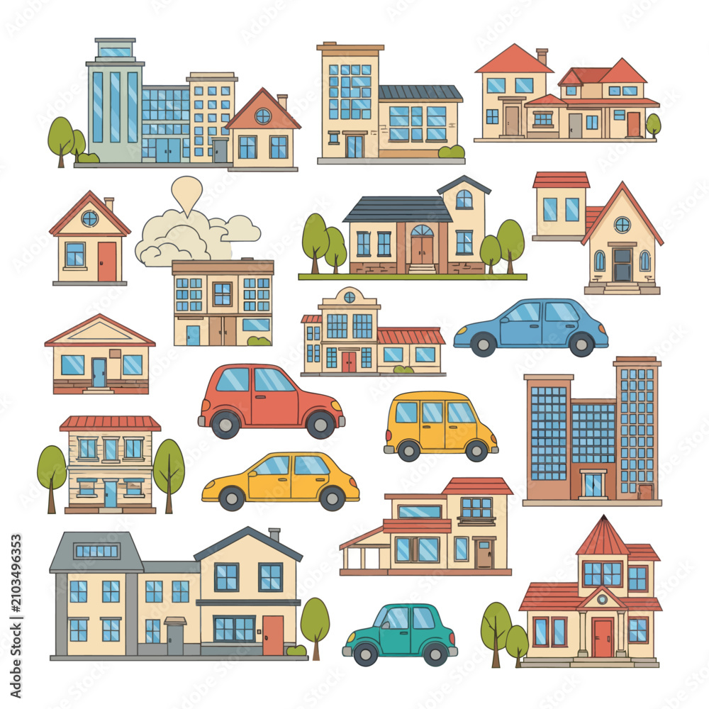 Naklejka premium Cartoon City Buildings and Cars Illustration Set