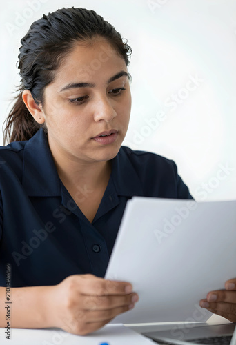 Young indian woman reading ...