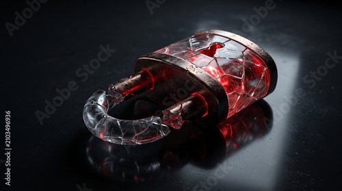 Cracked Red Glowing Glass Padlock Broken Open Representing Cyber Security Breach