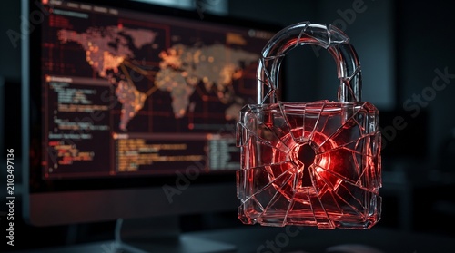 Shattered Red Glass Padlock over Computer Screen with Global Cyber Threat Map
