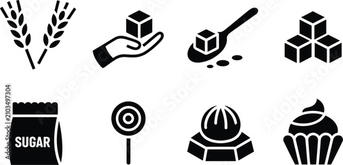Fotografie Vector icon set of white sugar cubes, sweet confectionery lollipop dessert, whea