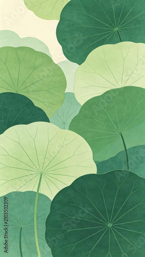 Multi layered gradient blue-green lotus leaves covered with Chinese style illustrations
