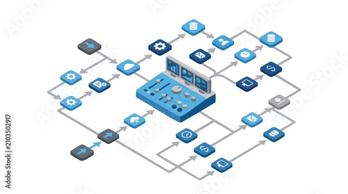Workflow Automation Process with Isometric Control Board and Interconnected Digital Icons Representing Data Management and System Control