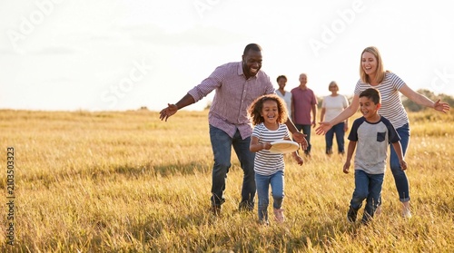 Family is playing frisbee together on a grassy field during a sunny summer vacation