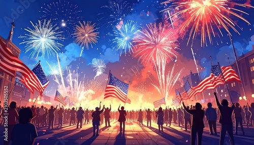 Intense fireworks display over patriotic crowd