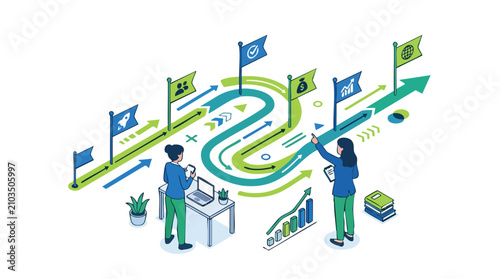 Strategy Development for Business Growth Showing Women Analyzing a Winding Roadmap with Achievement Flags