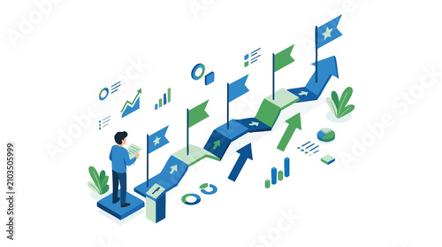 Business Professional Analyzing a Strategic Growth Roadmap with Flags and Data for Future Success