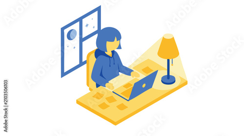 Business Professional Reviewing Innovative Idea Notes on a Laptop at a Desk During Nighttime Isometric Illustration Portraying Focused Work