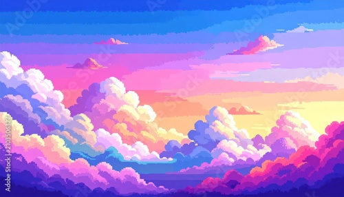 Horizontal pixel art sunset sky with clouds.
