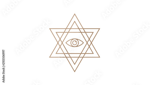 Cuadro en lienzo A stylized geometric illustration of an all-seeing eye within a Star of David, rendered in thin, interconnected golden lines on a white background