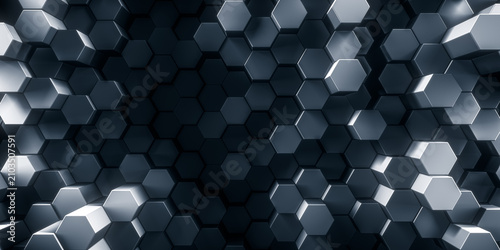 Smooth silver honeycomb background of patterned hexagons. Array of 3d rendered hex shapes creating a visual of a sleek, silver, metallic, pattern for futuristic, scientific, or technical backgrounds.