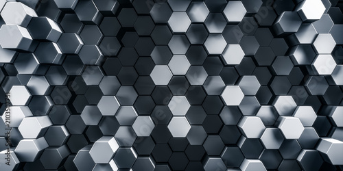 Smooth silver honeycomb background of patterned hexagons. Array of 3d rendered hex shapes creating a visual of a sleek, silver, metallic, pattern for futuristic, scientific, or technical backgrounds.