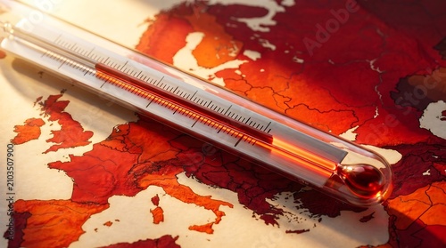 Glass thermometer showing dangerously high red temperature over a map of Europe climate change concept