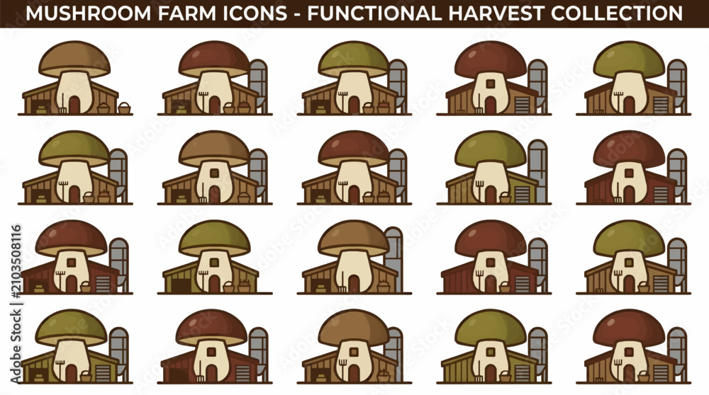 Fototapeta premium Mushroom Farm Icons - Functional Harvest Collection, Flat Vector Illustrations of Buildings with Mushroom Caps, Barns, Silos, and Farming Tools, Earth Tones, White Background