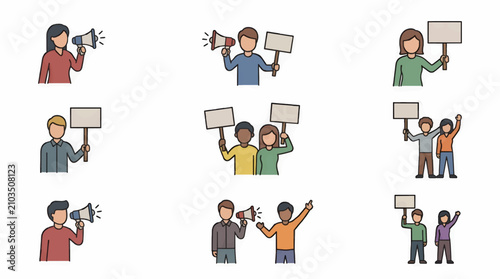 Foto Protestors with Megaphones and Blank Signs, Flat Vector Icon Set Representing So