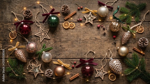 Festive Christmas Frame Border Made of Baubles, Pine Cones, Cinnamon and Stars on Rustic Wooden Table