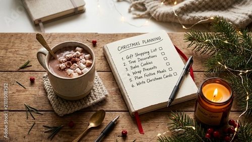 Christmas Planning Checklist Notebook with Hot Chocolate, Marshmallows and Candle on Wooden Table