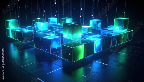 Array of illuminated data blocks on digital surface.