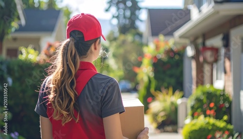 Back view of female courier delivering package to house.