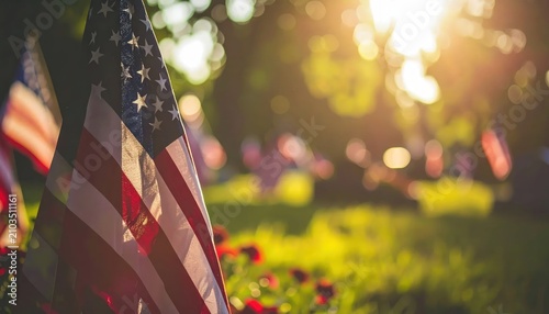 American flags in field during sunset glow.