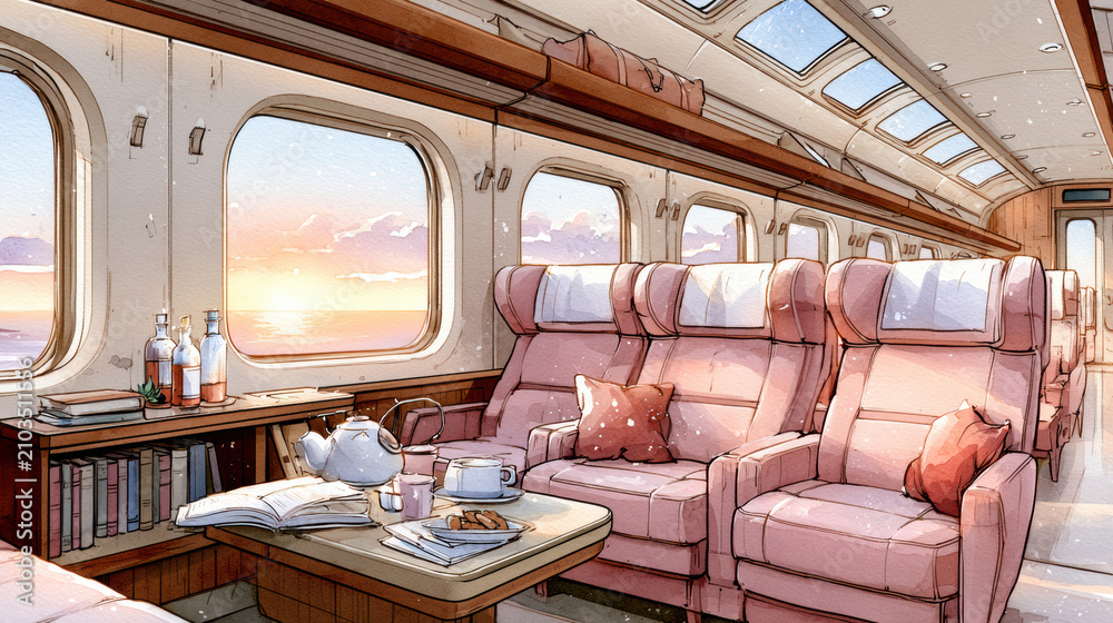 Fototapeta premium Comfortable train interior with pink seats, pillows, tea set, books, and sunset view through windows creating cozy and peaceful atmosphere