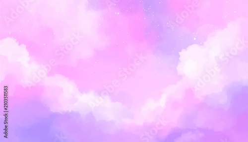 Artistic pink and lavender clouds in bright sky.