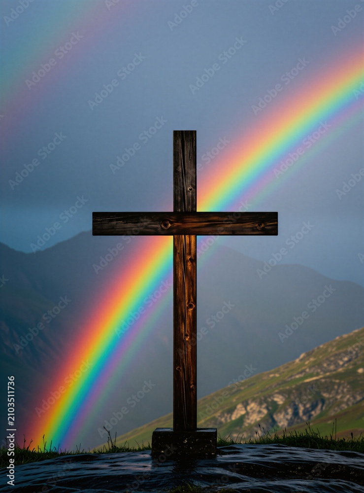 Obraz premium Wooden cross stands on mountain top against stormy sky with bright rainbow. Symbol of hope after bad weather, faith, spirituality and new beginnings in nature.