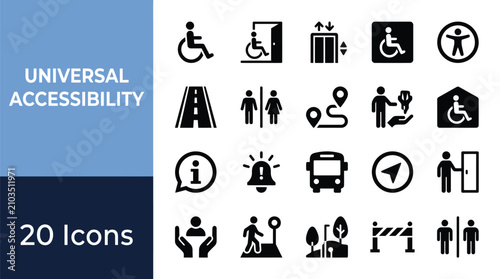 Universal accessibility icons represent inclusive design standards and infrastructure requirements designed to ensure equal mobility and ease of navigation for individuals with disabilities.