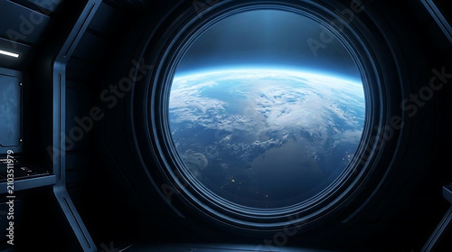 Breathtaking view of our planet from a spacecraft window showcasing the vibrant blue earth enveloped by clouds and atmospheric layers seen from outer space