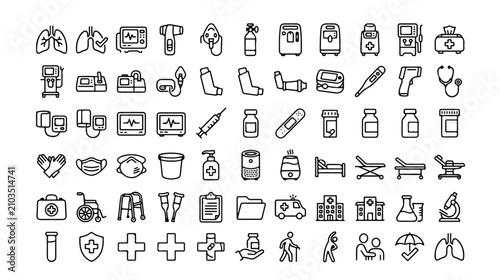 Cuadro en lienzo 医療と健康に関する包括的な50種類の線画アイコンセット、病院、クリニック、ヘルスケアサービス向けのモダンでミニマルなベクターイラストコレクション