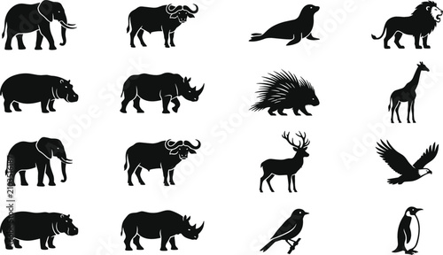 Photography Wild Animals and Birds Silhouette Icon Set Featuring Elephant Buffalo Seal Lion