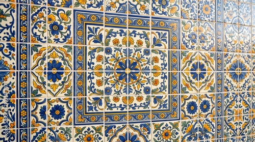Greece patterns: colorful ornate mosaic tile wall mural in blue and yellow with hellenic mediterranean ornamental heritage