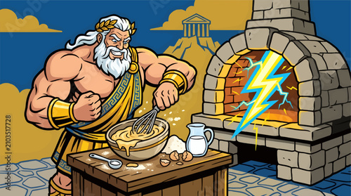 Canvastavla Muscular Zeus with Laurel Wreath Whisking Batter in Bowl Next to Oven with Light