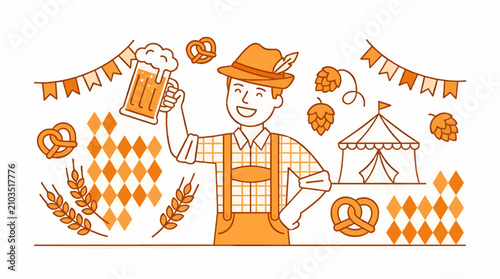 Canvastavla Oktoberfest Celebration Banner with Man in Lederhosen Holding Beer Mug, Pretzels