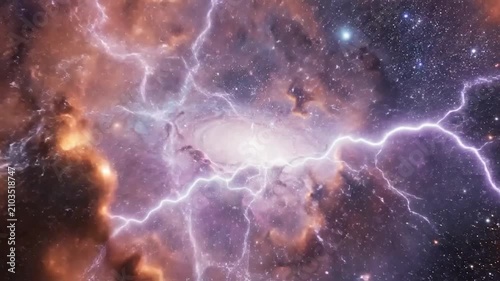 Powerful lightning strikes through a glowing nebula in deep space