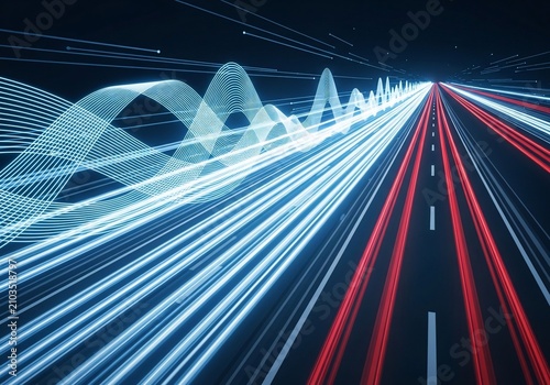 Futuristic highway light trails with glowing wave data visualization, a journey into digital flow.