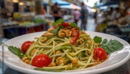 A dish of Som Tum Thai (papaya salad with roasted peanuts), a favored Thai appetizer.