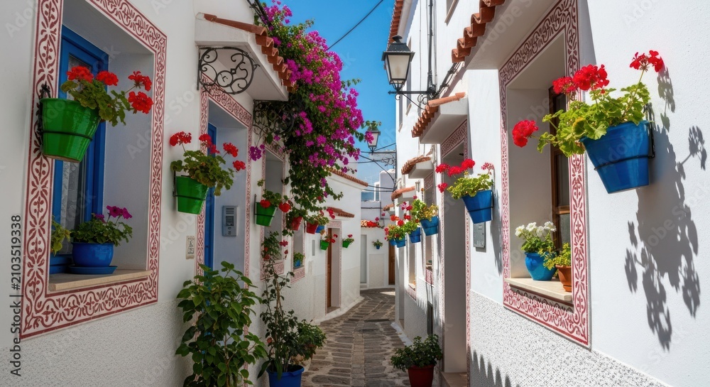 Fototapeta premium Charming alleyway with vibrant flowers and architecture under bright sunlight