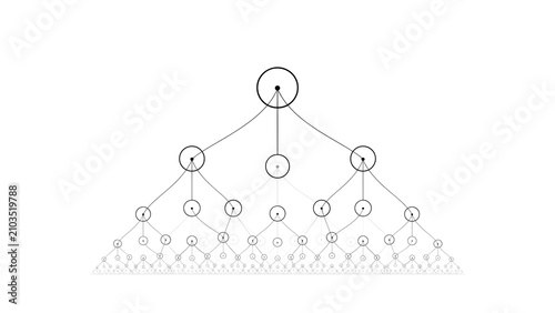 Complex branching network diagram with multiple levels of interconnected nodes and lines on white