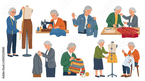 Elderly women engaged in various sewing and tailoring activities